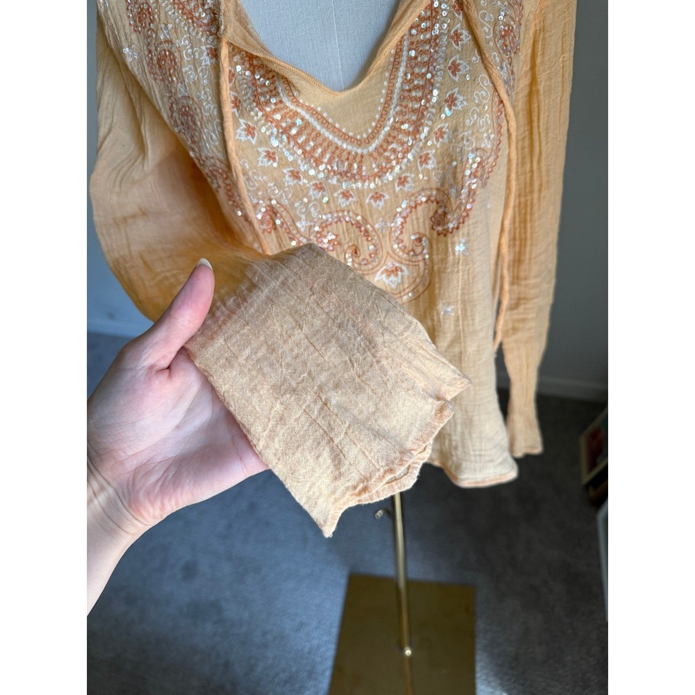 Y2K Peach Sequin Top Boho Fairy Bell Sleeve Renaissance Mallcore McBling Medium - Picture 5 of 8